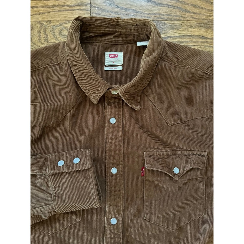 Levis Mens Brown Corduroy Western Snap Button Shirt Standard Fit Medium